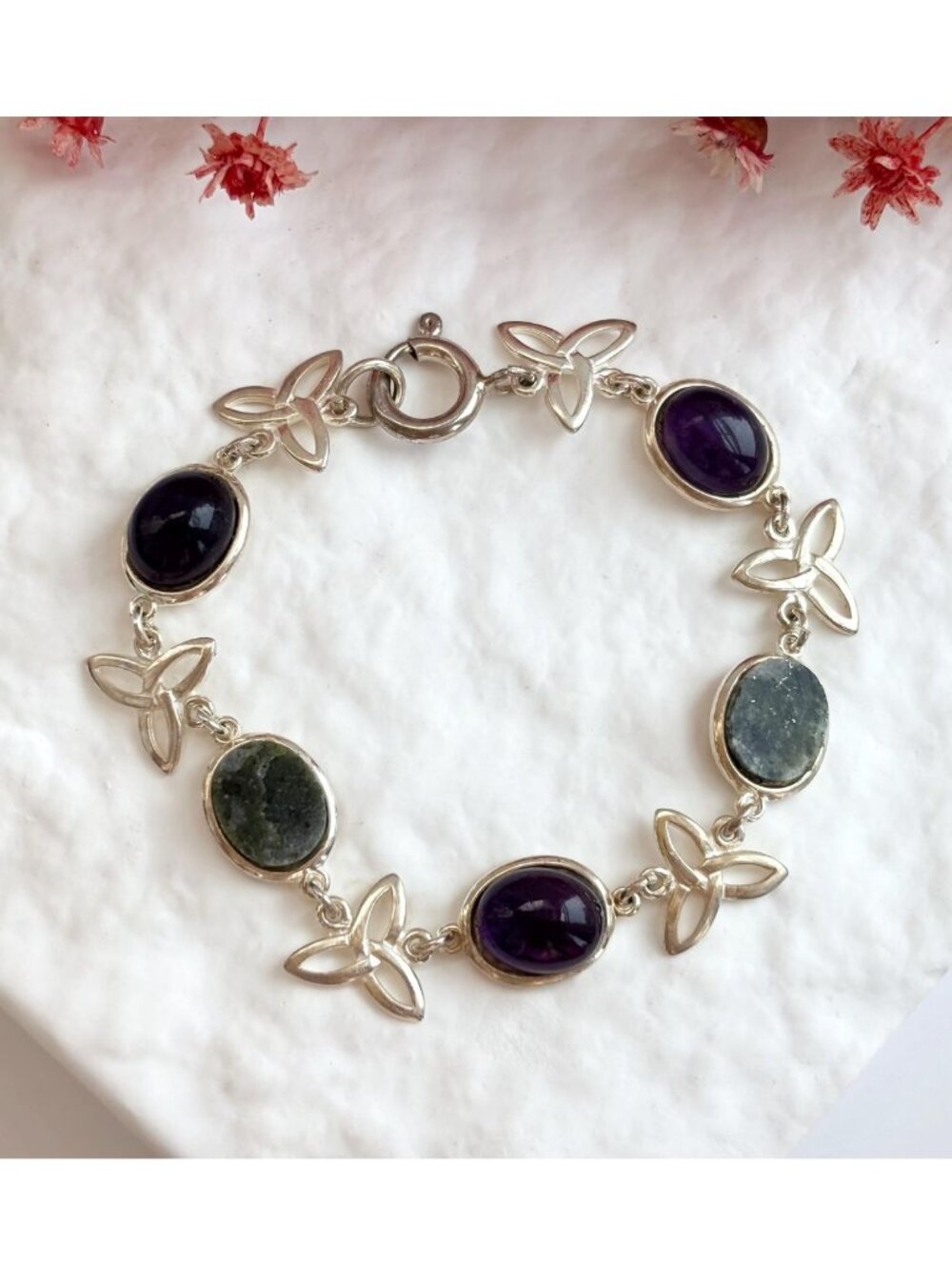 Butterfly Amethyst Cabochon & Moldavite Vintage Sterling Silver 925 Bracelet
